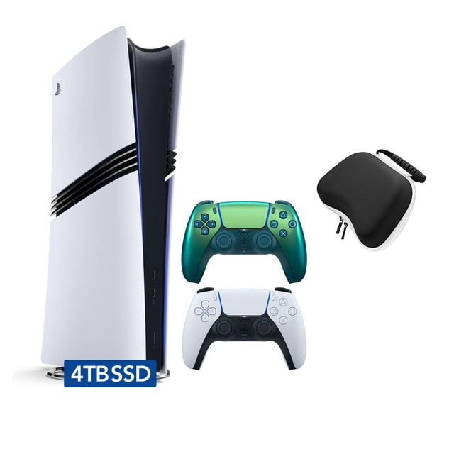 PlayStation 5 Pro 4TB SSD Digital Console with Two Controllers, White and Chroma Teal DualSense and Mytrix Hard Shell Protective Controller Case - Flagship PS5 Pro Console