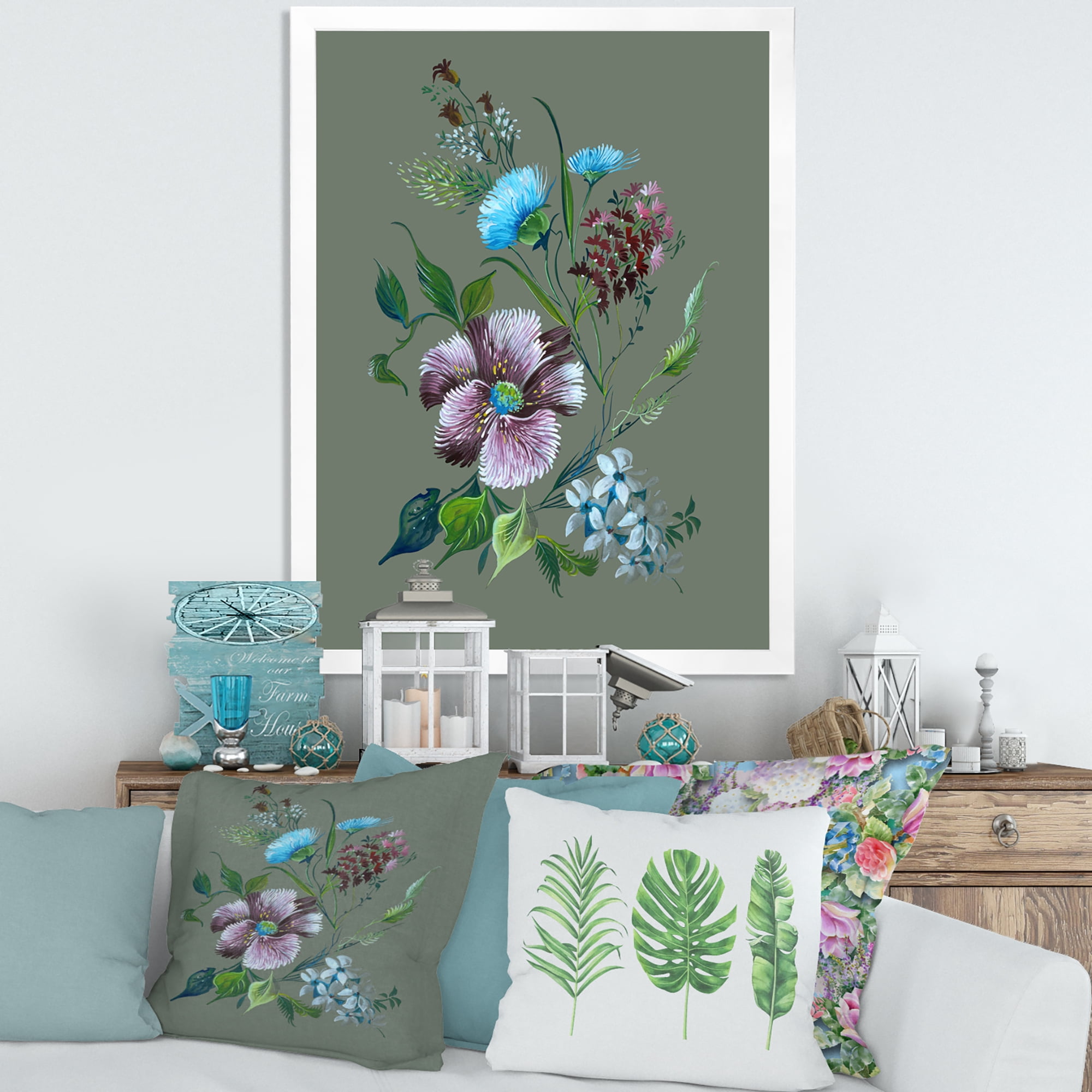 Turquoise and Purple Spring Flowers 16 in x 32 in Framed Painting Canvas Art Print, by Designart