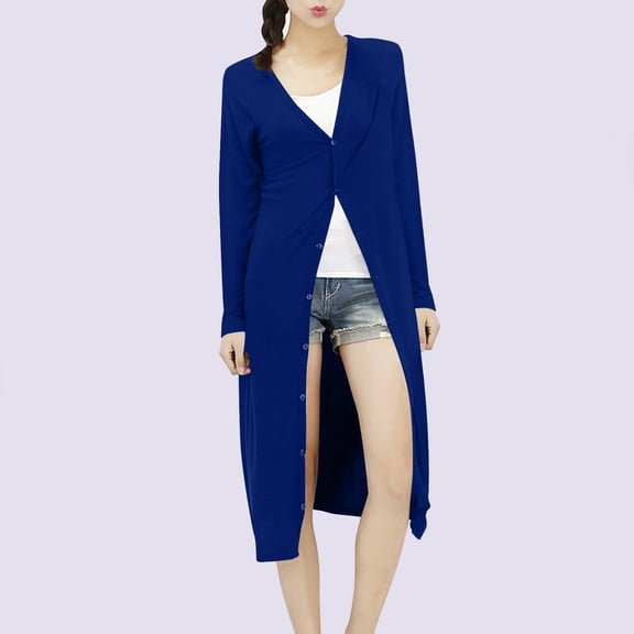 QUINDOS Womens Cardigans Women's Solid Color Pocket Long Sleeved Ultra Long Thin Cardigan Jacket Cardigan