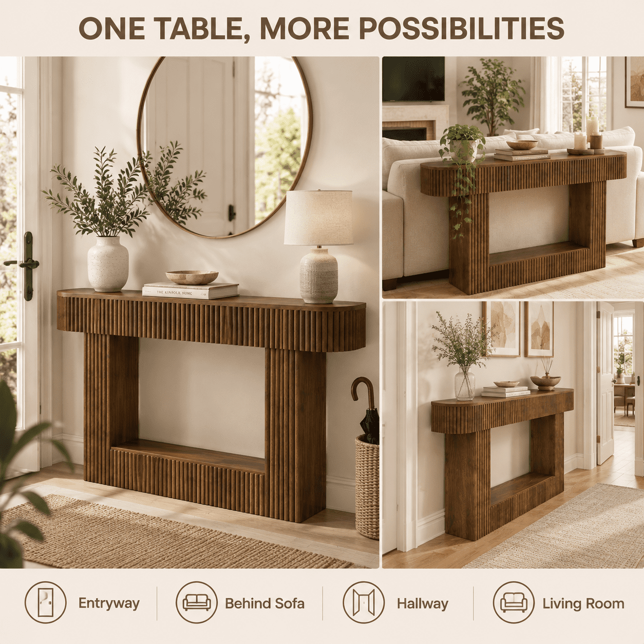 PORKISS 62.9" Console Table with Open Storage, Narrow Long Entryway Table with Rounded Edges, Fluted Sofa Table for Living Room, Hallway, Foyer, Behind Couch, Brown B