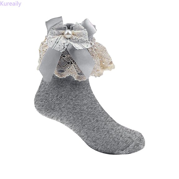 Kureaily Children's Bow Mid Tube Socks Lace Lace Baby Socks Jacquard Cotton Socks ,stretch kids socks Size M ,Gray