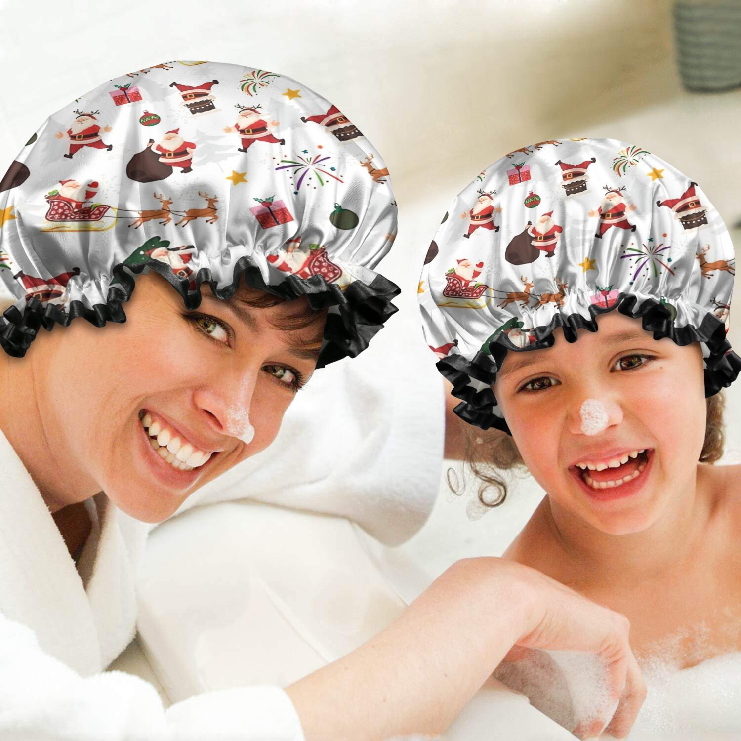 Shower Caps,White Christmas Santa Pattern Waterproof Shower Cap for Women 4 Pieces,Double Reusable Hair Cover for Shower PEVA Elastic Stretch Hem
