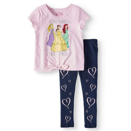 Belle, Rapunzel, and Ariel Tie-Front Tee and Capri Legging, 2-Piece Outfit Set (Little Girls)