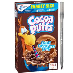 General Mills Cocoa Puffs Family Size Cereal with pan