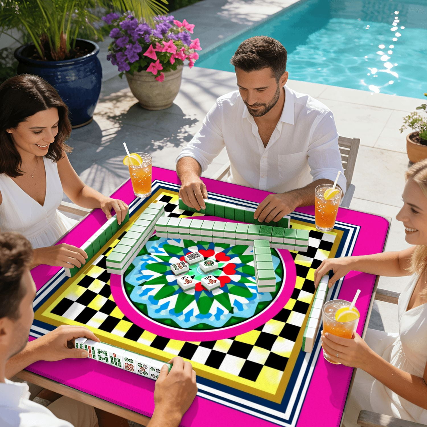 Mahjong Mat 31.5" x 31.5" Colorful Geometric Mandala Checkerboard Vibrant Floral Patterns Non-Slip Noise Reduction American Mahjong Tiles Table Cover for Dominoes Poker Card Board Games Gift