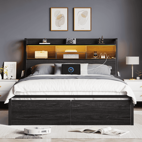 Satifur Queen Bed Frame with 2 Drawers & Headboard Storage Shelf, Noise Free, Black