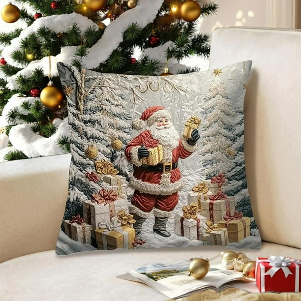 Christmas Pillow Cover Holiday Decoration Polyester Linen Sofa Couch Throw Pillow Case for Living Room Bedroom Seasonal Home Decor Gift