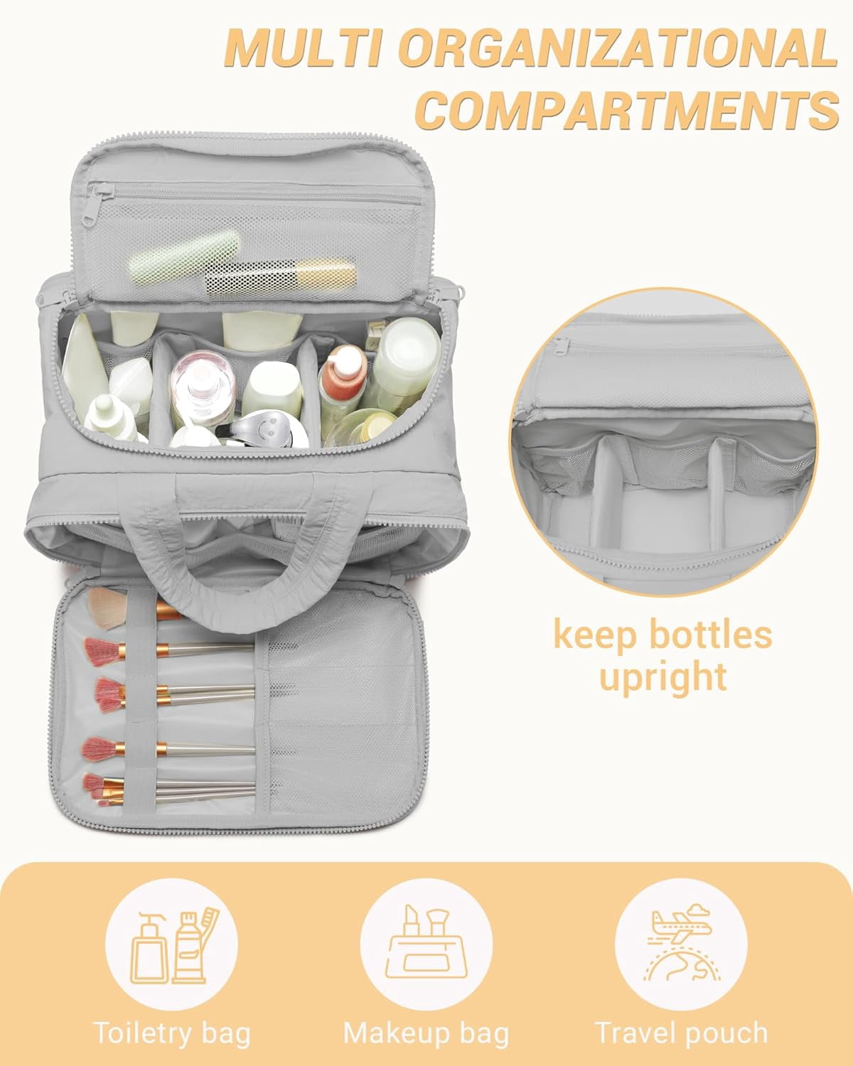 Travel Toiletry Bag, Makeup Bag Puffy Wide-open Quilted Bag for Women, Lightweight Cosmetic Bag Organizer with Handle for Traveling, Accessories, Essentials Toiletries Grey