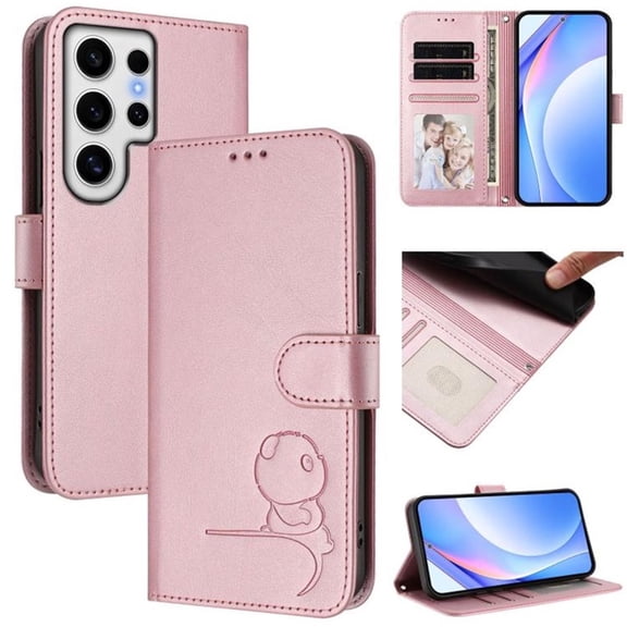 For Samsung Galaxy S24 Ultra 5G Litter Panda Embossing Leather Phone Case with RFID Blocking Card Slot Wallet Magnetic Clasp Lanyard Flip Stand Case,Pink,For Galaxy S24 Ultra 5G