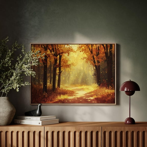 Golden Autumn Forest, Fall Foliage Woodland Path Art, Cozy Nature Landscape Print, Warm Rustic Wall Decor, Seasonal Home Style Wall Art, Modern Wall Decor, 8x12 UNFRAMED