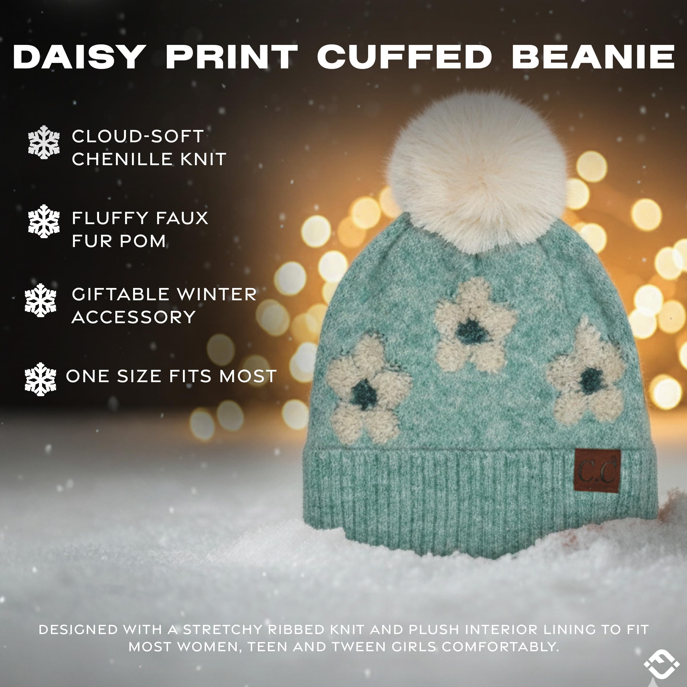 Funky Junque Beanie for Women Ultra Soft Chenille Faux Fur Pom Pom Winter Hats Warm Ski Cap Fashion - Daisy - Mint