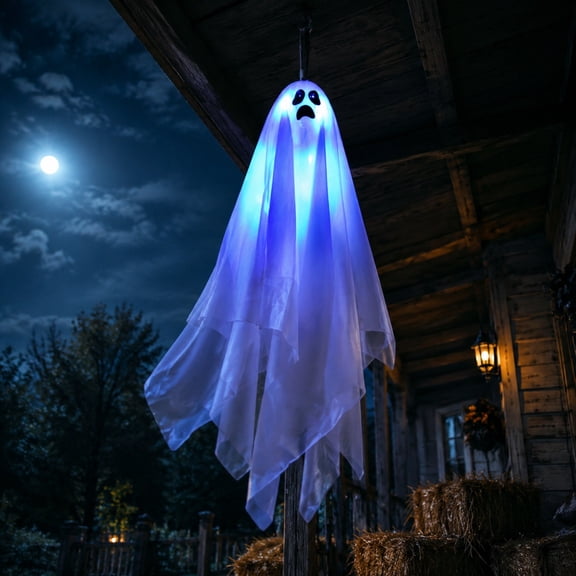 Motion Activated Light Up Hanging Ghost,Blue LED Battery Operated Indoor Yard Halloween Jump Scare Prop for Porch,Haunted House,Party