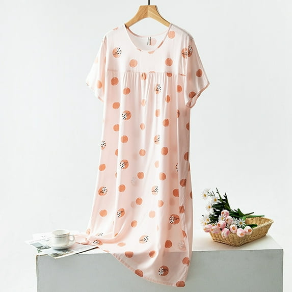 Yuanlong Womens Nightgown Short Sleeve Dot Print Thin Crewneck Sleepshirts Spring Summer Home & Evening Wear Pajama Dress