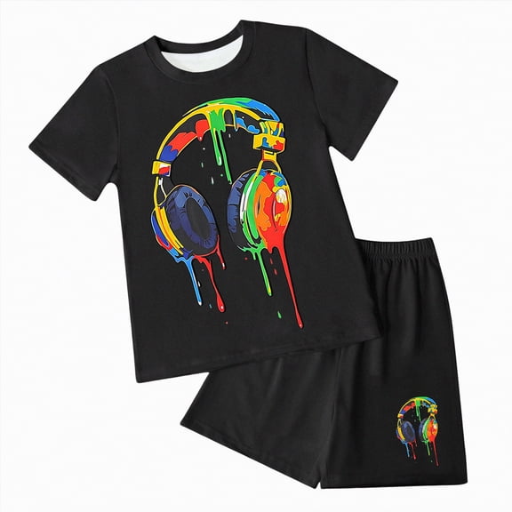 TOWED22 Baby Boy Summer Outfits 2pcs Short Sleeve Round Neck Tee Shirt Casual Drawstring Shorts Clothes(Black,7-8 Y)