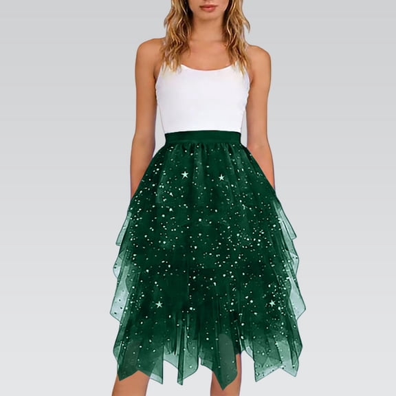 Women's Sparkle Tulle Skirt with High Elastic Waist, Glitter Layered A Line Midi Skirt with Irregular Hem, Prom Party Festival Skirt for Carnival, Street Fashion and Birthday Gift Blackish Green L