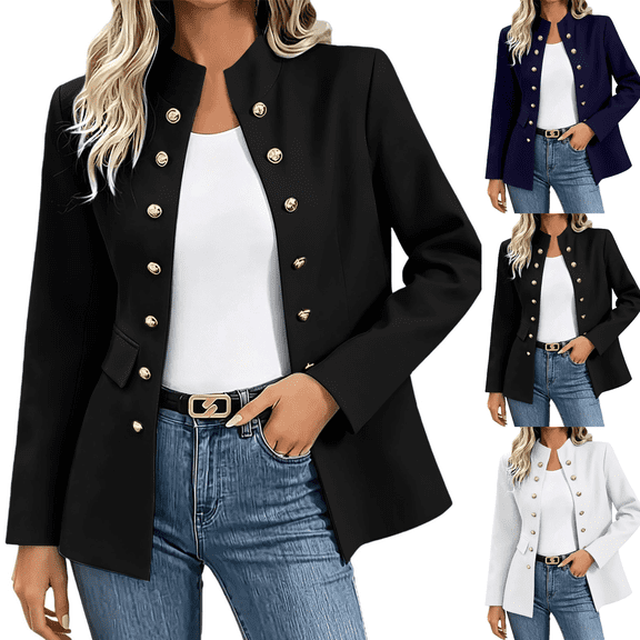 Gamivast Womens Military Style Blazer Jacket Long Sleeve Open Front Coat Elegant Stand Collar Work Office Outerwear Flattering Fall Essential Business Casual Wear Black XXL
