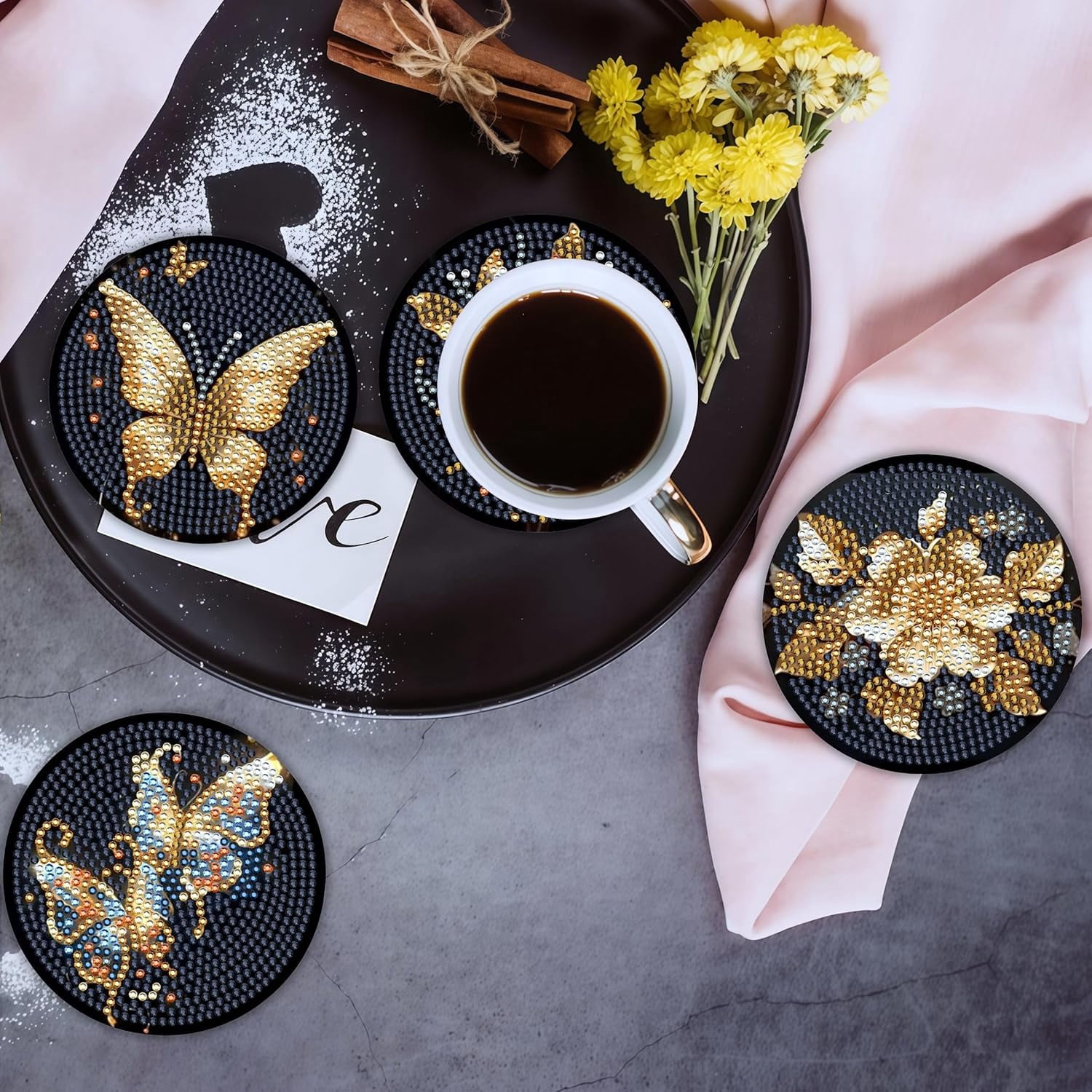 8 Pcs Butterfly Diamond Painting Coasters Kits with Holder,Diamond Art Coasters Set for Drinks Coffee Table, Gem Painting kit for Beginners ults DIY Art Craft Gifts Black Gold Decors (Butterfly)