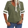 thumbnail image 2 of Stripe Sleeved Women Summer Casual V-neck T-shirt Loose Simple Tops, 2 of 6