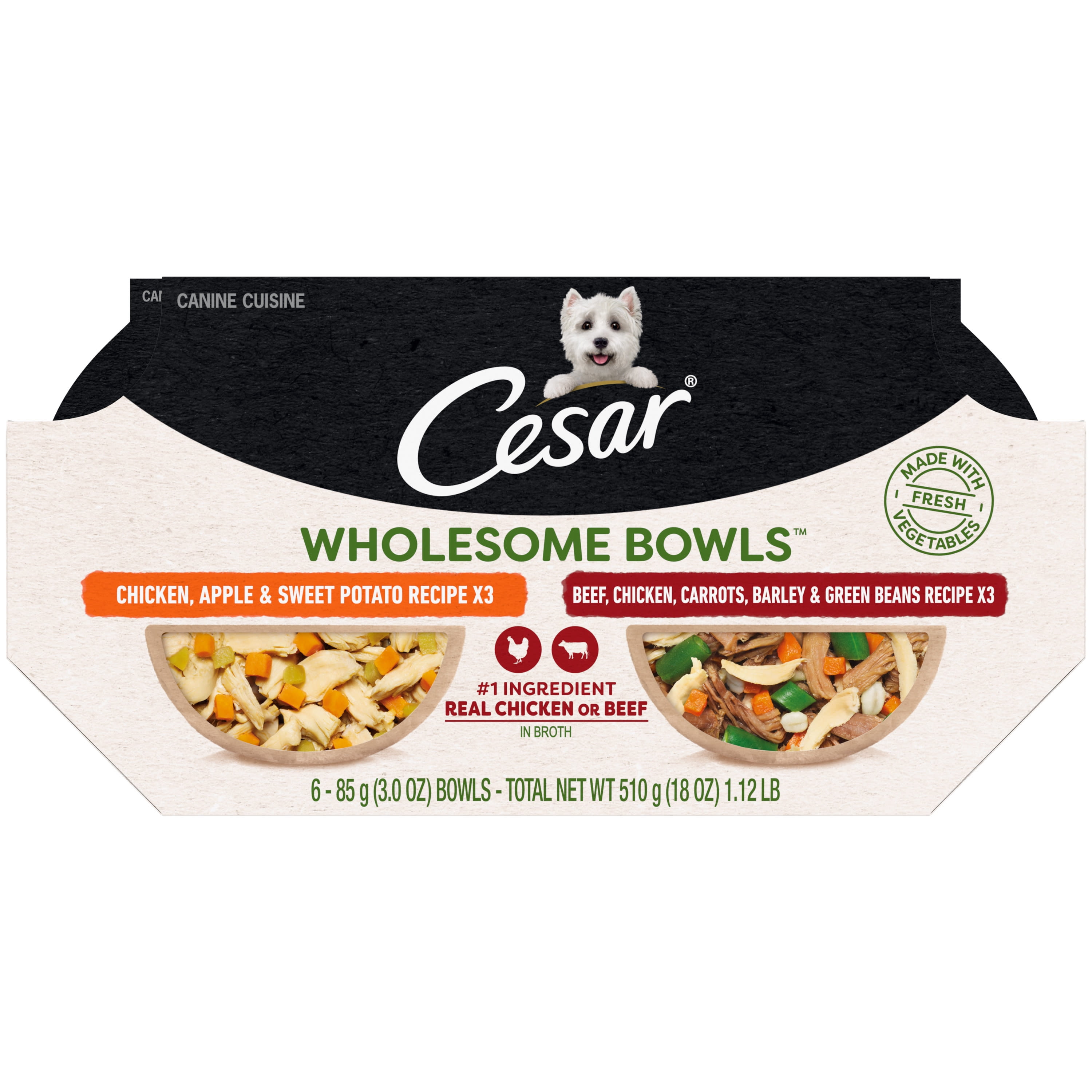 CESAR Wholesome Bowls Chicken, Beef & Vegetable Soft Wet Dog Food Variety Pack, (6 Pack) 3 oz. Bowl