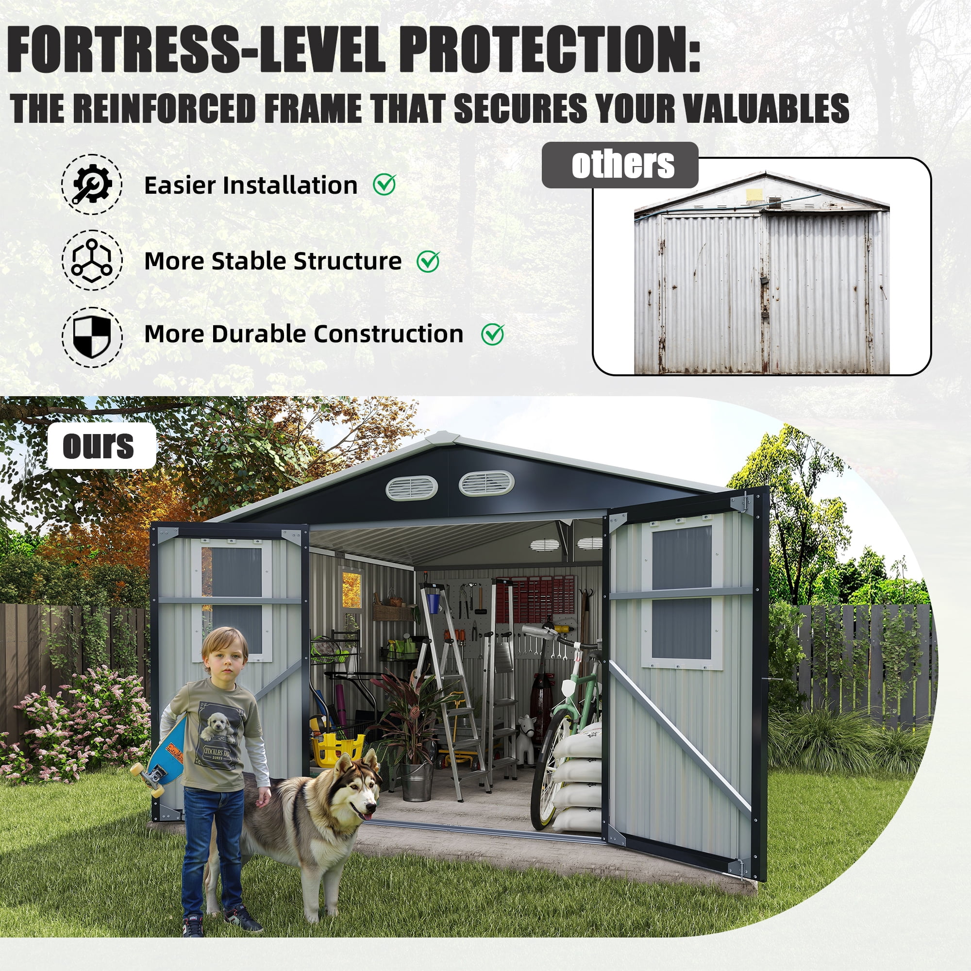 Olurrisa 8x8 FT Outdoor Storage Shed with 4 Windows & Lockable Door, Dark Gray Metal Garden Shed, Waterproof Tool Shed for Backyard, Patio & Lawn Equipment