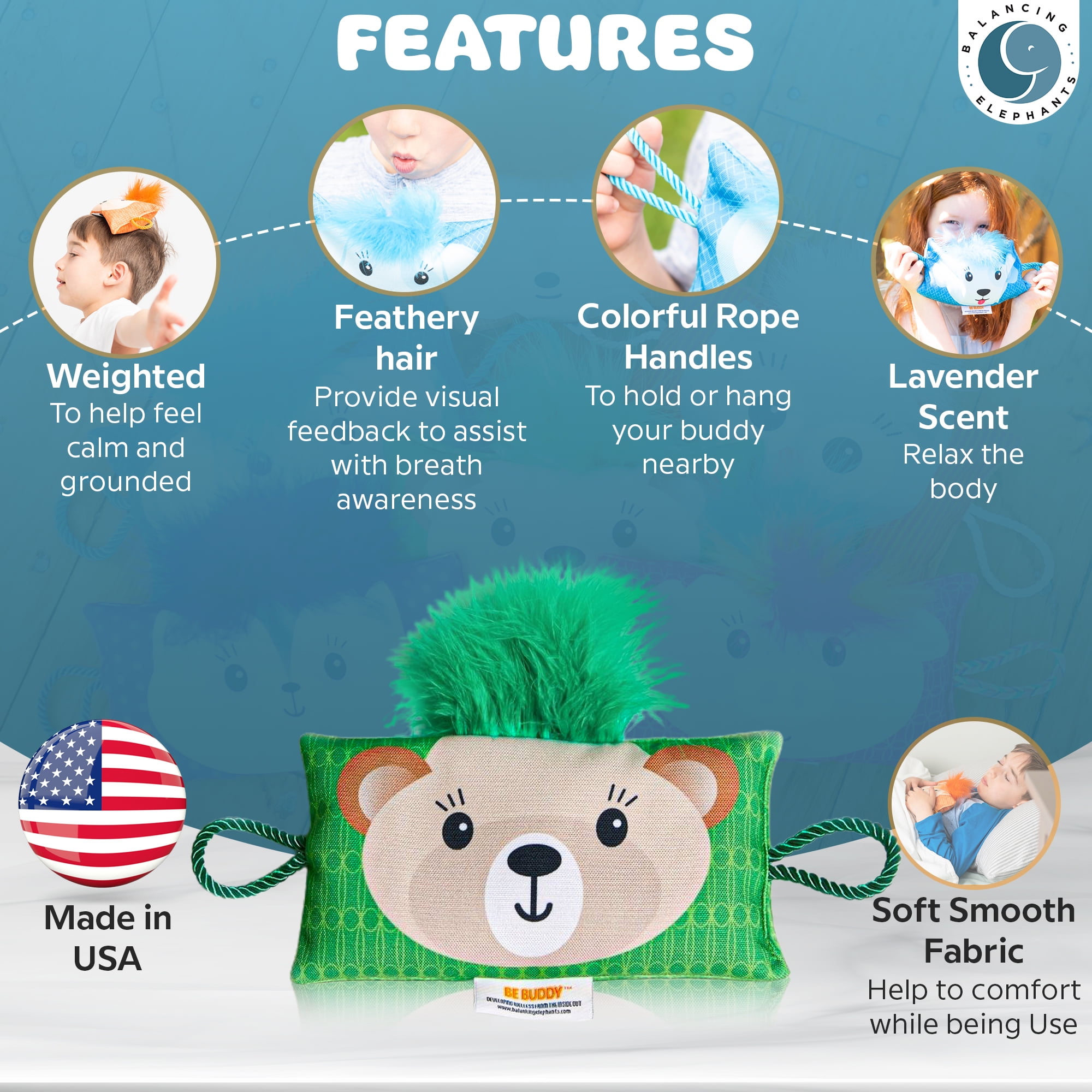 BE Buddy Multi-Sensory Weighted Stuffed Animal, Diaphragmatic Breathing Pillow & Lavender-Scented Eye Pillow for Kids | Calming Sensory Toys - Anxiety Relief, Stress Management | Blue