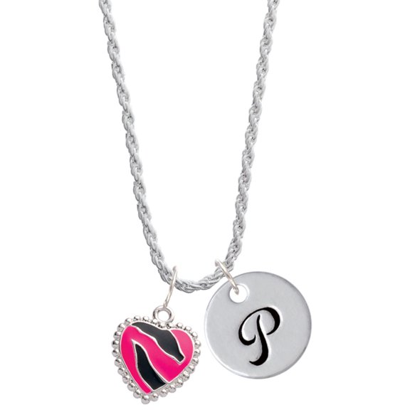 Delight Jewelry Silvertone Hot Pink Zebra Print Heart Silvertone Script Initial Disc - P - Charm Necklace, 20"+3"