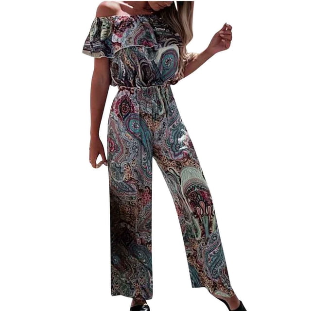 Mono de mujer, monos, monos, monos elásticos de verano de manga corta, Tops de tubo estampados, pantalones informales erógenos con hombros descubiertos para vacaciones Odeerbi ODB-2