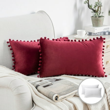 Phantoscope Pom Pom Velvet Series Decorative Throw Pillow, 12" x 20", Dark Red, 2 Pack