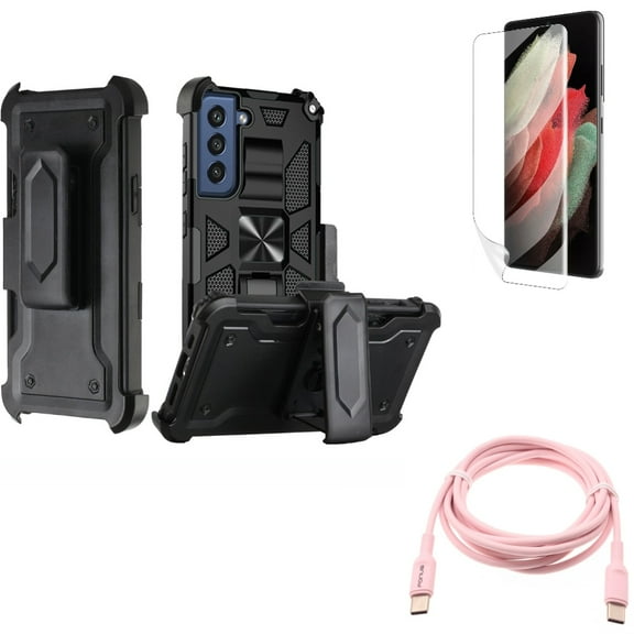 Case Belt Clip & Pink 6ft Long Cable & Matte Screen Protector for Samsung Galaxy S22 Plus (S22 ) - Combo Holster Swivel Cover & USB-C to Type-C PD Fast Charger Cord & TPU Film Anti-Glare