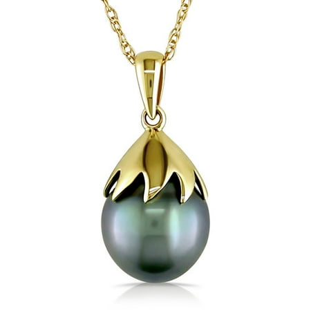 9.5-10mm Black Drop Tahitian Pearl 10kt Yellow Gold Fashion Pendant, 17