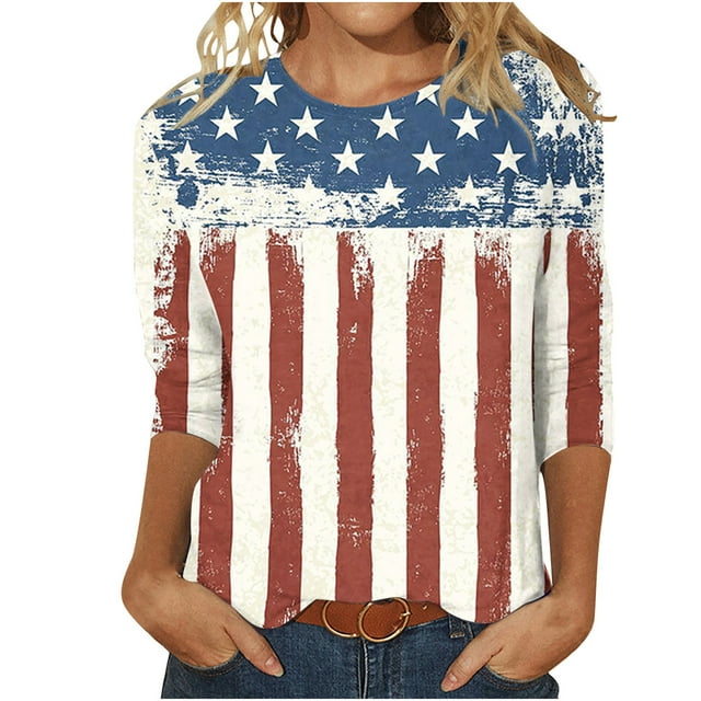 Pompotops Mode Femmes Manches Courtes Rétro Col Rond Imprimé Tops en Vrac Blouse Manches Trois Quarts