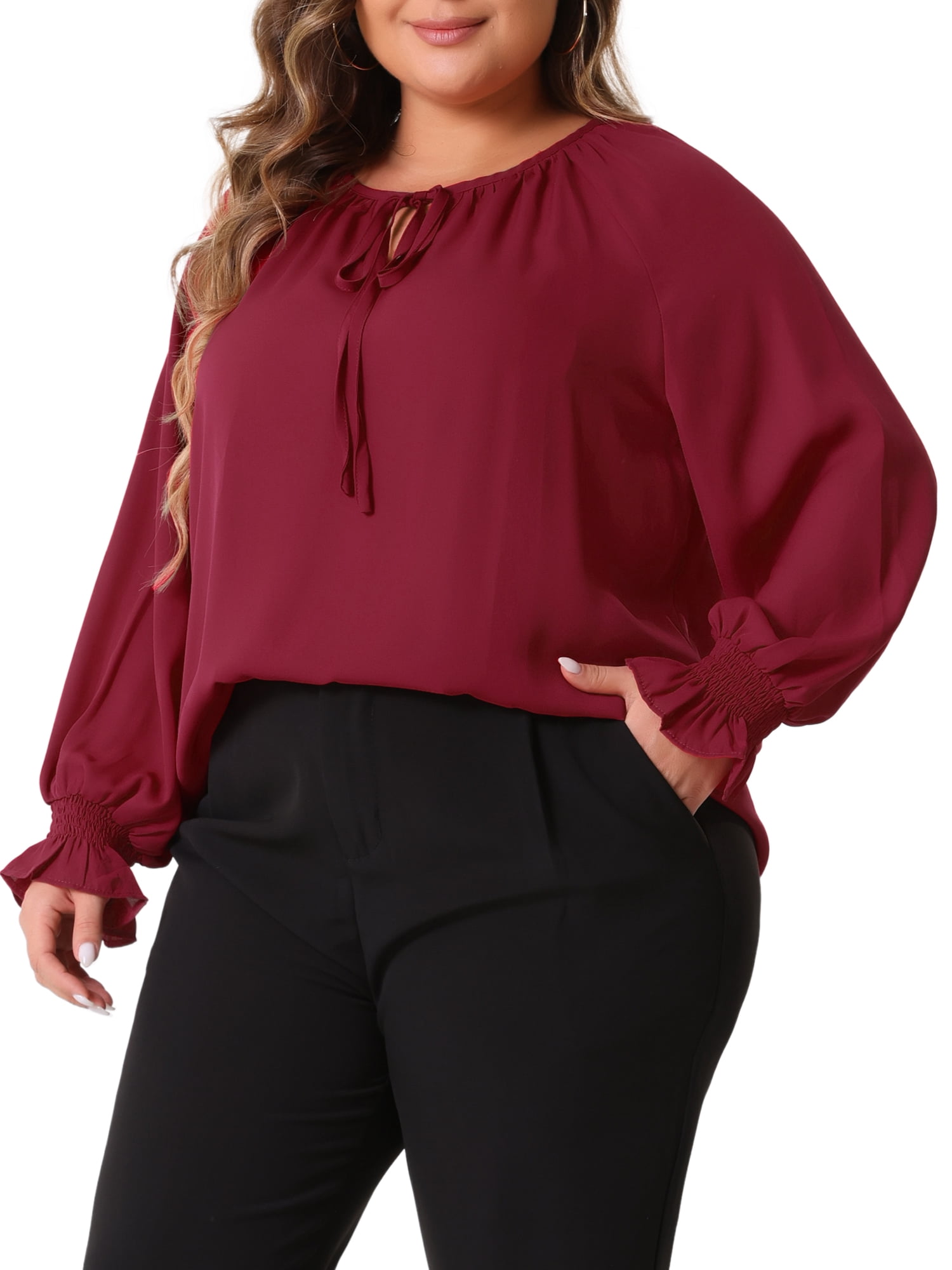 DARING DIVA Women's Plus Casual V Neck Drawstring Long Sleeve Blouse 4X Burgundy