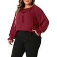 thumbnail image 2 of DARING DIVA Women's Plus Casual V Neck Drawstring Long Sleeve Blouse 1X Burgundy, 2 of 6