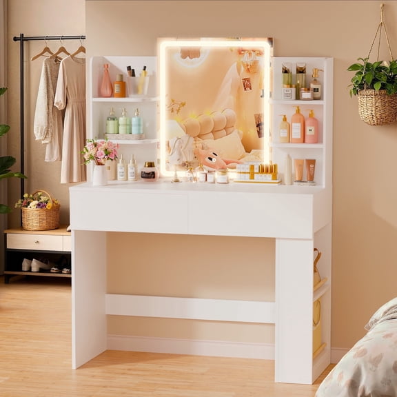 Homall Vanity Desk with 3 Colors LED Lighted Mirror, Makeup Vanity with Storage Shelves and Drawers, Vanity Table Dressing Table for Bedroom, White