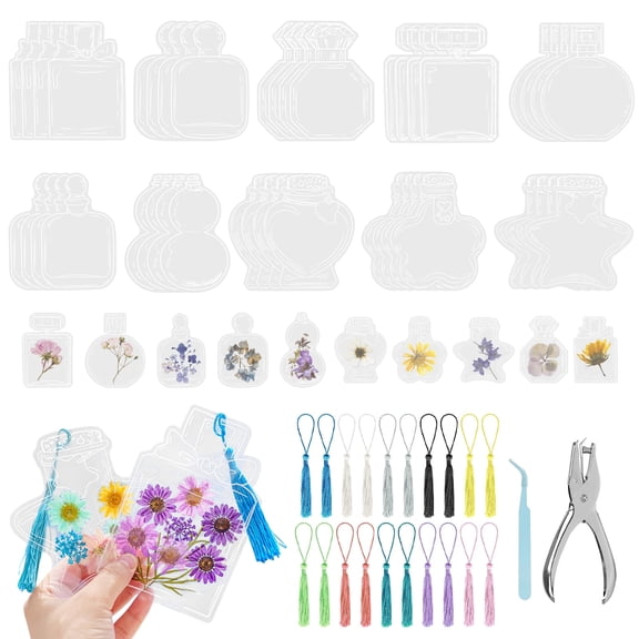 RETON 40PCS Clear Acrylic Bookmarks (10 Shapes) with 20PCS Colorful Tassels, 1PC Hole Punch & 1PC Tweezer, DIY Blank Dried Flower Bookmark Set for Book Lovers, Craft Enthusiasts & Gift Tags
