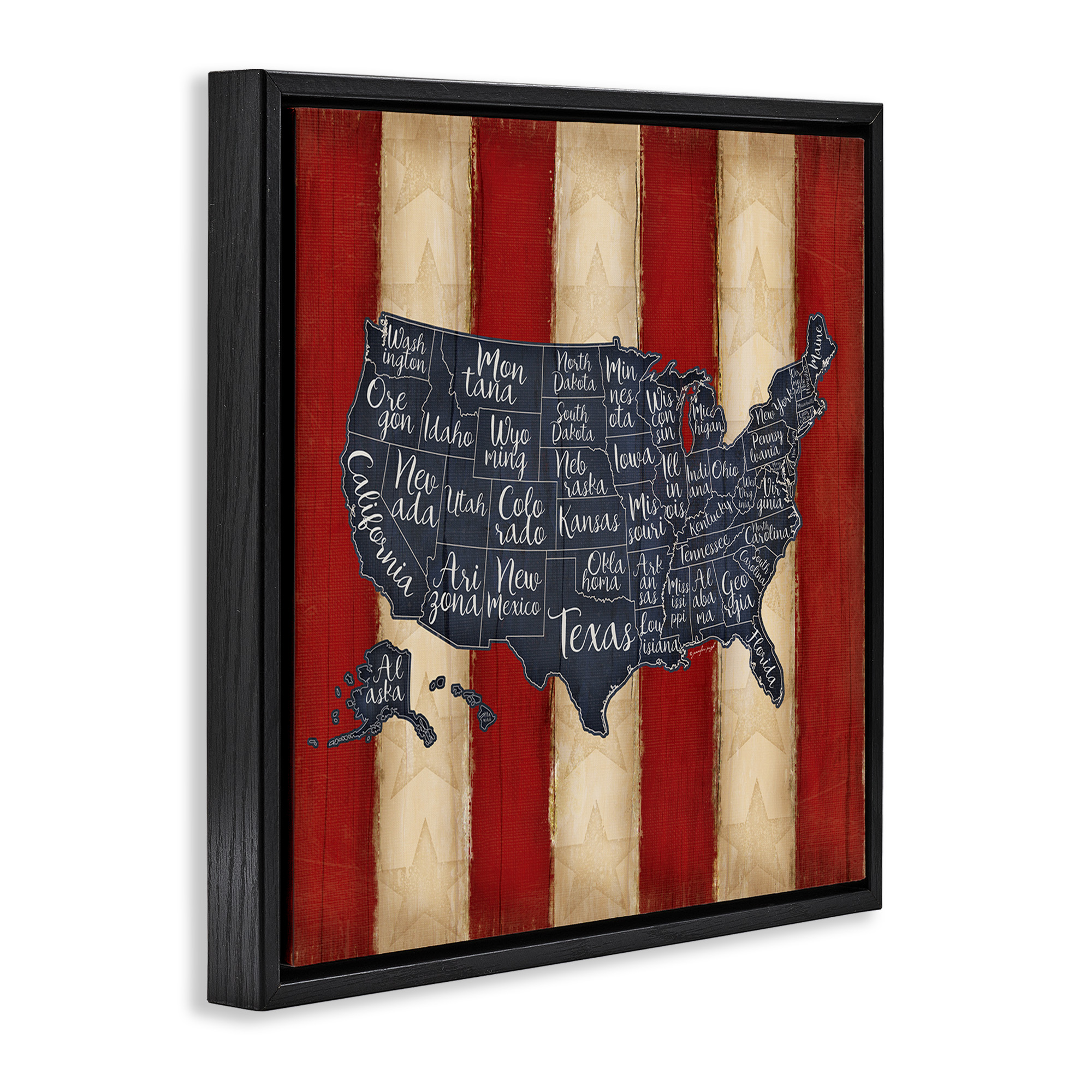 Stupell Industries United States Map on Stripes Art for Kids Painting Black Floater Framed Canvas Art Print Wall Art, 25 x 25
