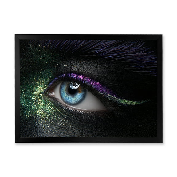 Designart 'Woman Eyes With Green & Purple Pigment & Sparkles' Modern Framed Art Print