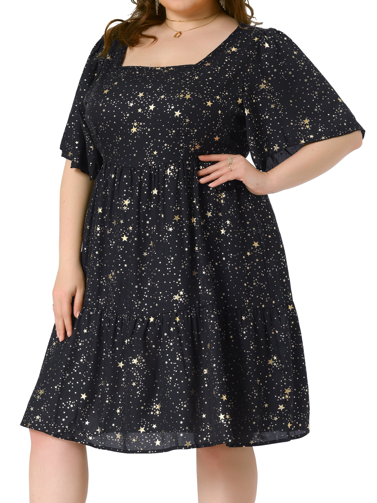 DARING DIVA Plus Size Chiffon Square Neck Short Sleeve Metallic Dress 2X Black
