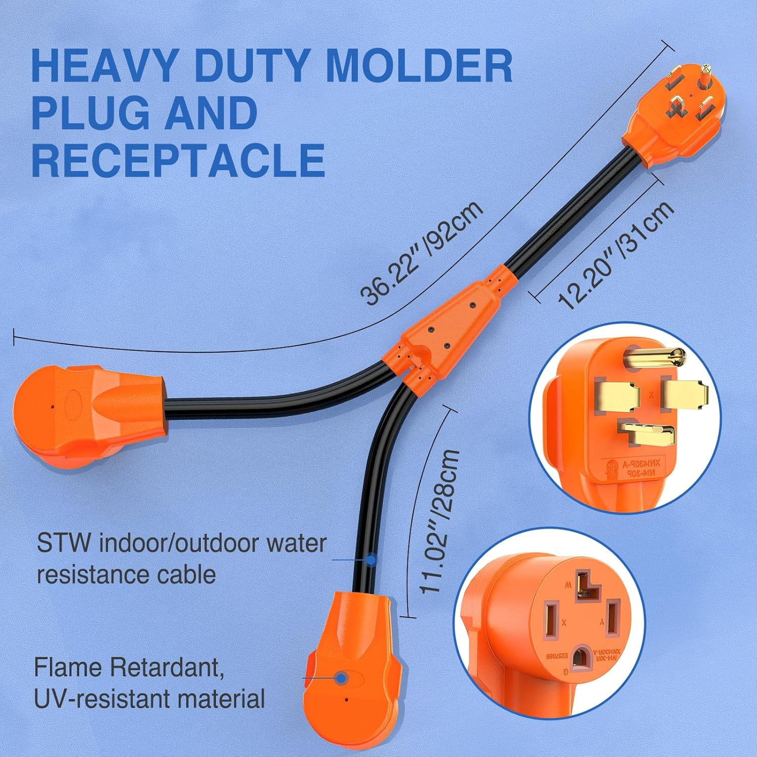 Nilight EV Dryer Y Splitter Adapter Cord 30 Amp Male Plug to Two 30Amp Female Receptacle 4 Prong 125V/250V 7500 Watt Pure Copper Conversion Heavy Duty STW 10 AWG Cable 14-30P 14-30R 30M/30F