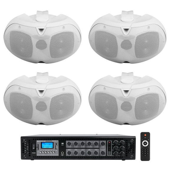Rockville 6-Zone Amplifier 4) White Dual 4" 70v Wall Speakers For Restaurant/Bar