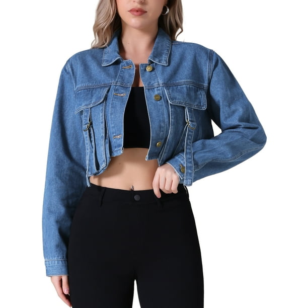 Chaqueta de mezclilla de manga larga recortada para mujer con bolsillos cargo XL azul