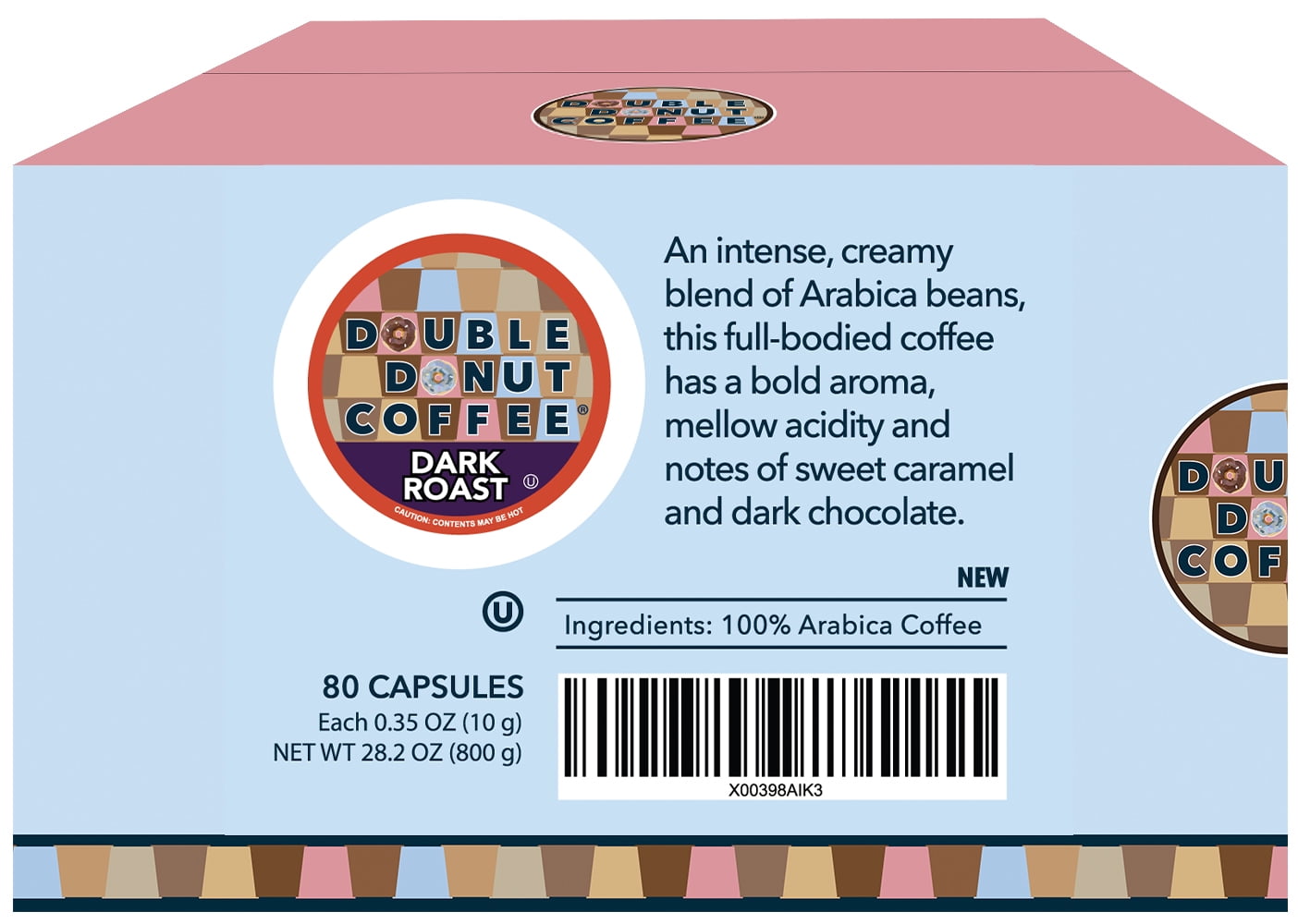 Double Donut Dark Roast Coffee Pods, Extra Bold Blend Coffee, Single Serve Coffee For Keurig K Cups Machines, Dark Roast Coffee in Recyclable Pods, 80 Count