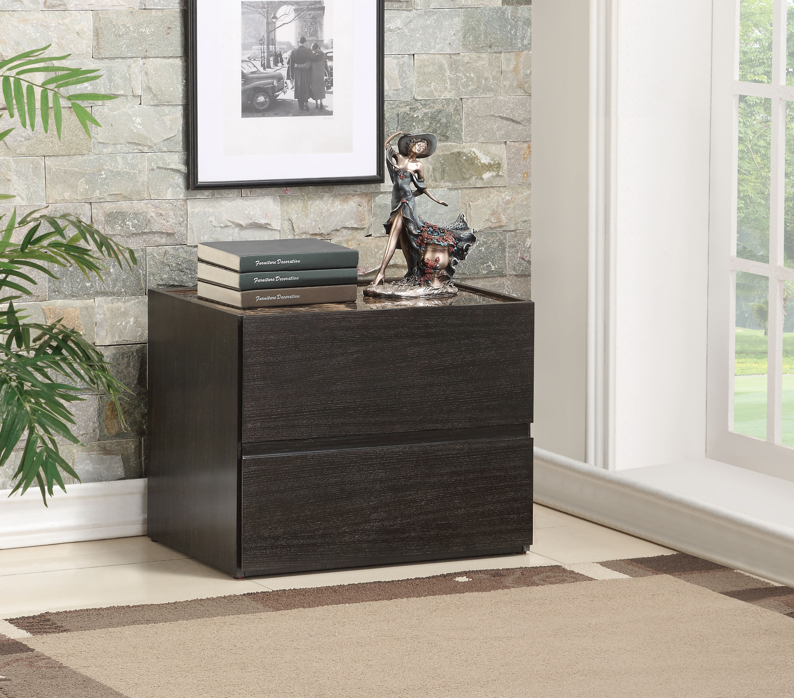 Benzara Two Drawers Wooden Nightstand with Faux Marble Top, Espresso