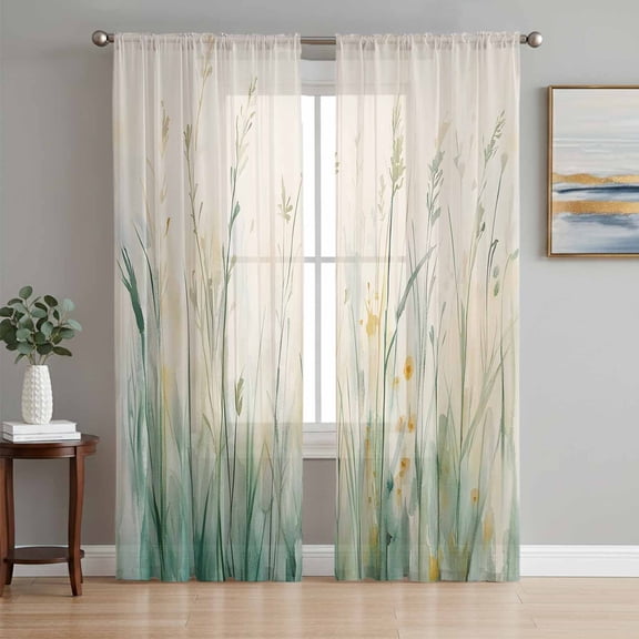 Spring Botanical Sheer Curtains 63 Inch Length 2 Panels Set, Modern Watercolor Green Leaf Plant Voile Window Treatment Rod Pocket Curtains Sheers Drapes for Bedroom/Living Room/Kitchen 52x"63"x2