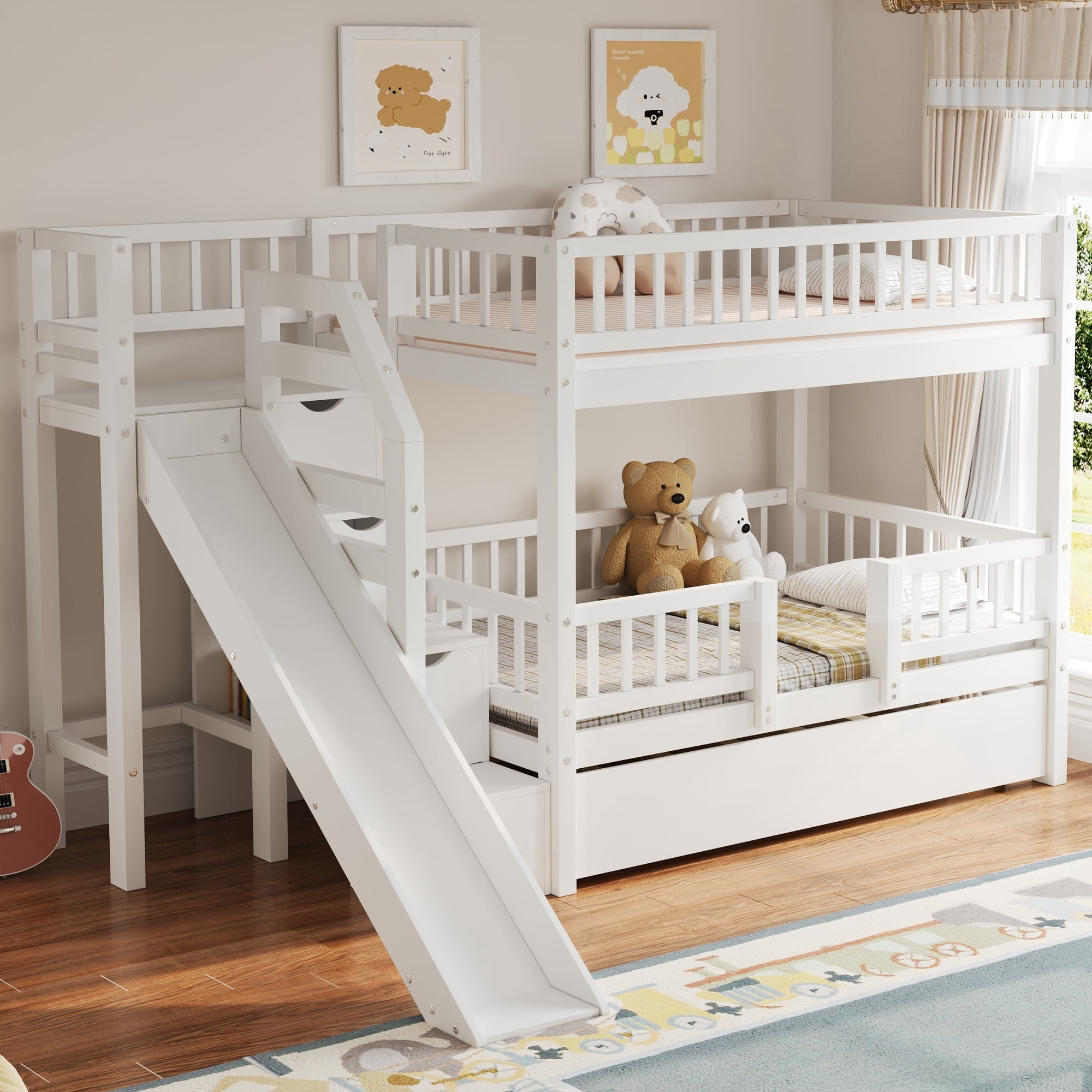 Euroco Wood Twin over Twin Bunk Bed with Trundle, 3 Beds in 1 with Storage Staircase and Slide, No Box Spring Needed, White