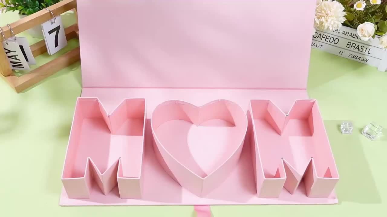 1 Sets Mother's Day Mom Flower Gift Box Red/Black/Pink with 18'' x 7.7'' x 2.7'' Empty MOM Letter Shaped Box Gift Bags Greeting Cards for Mother's Day Birthday Flower and Arrangements