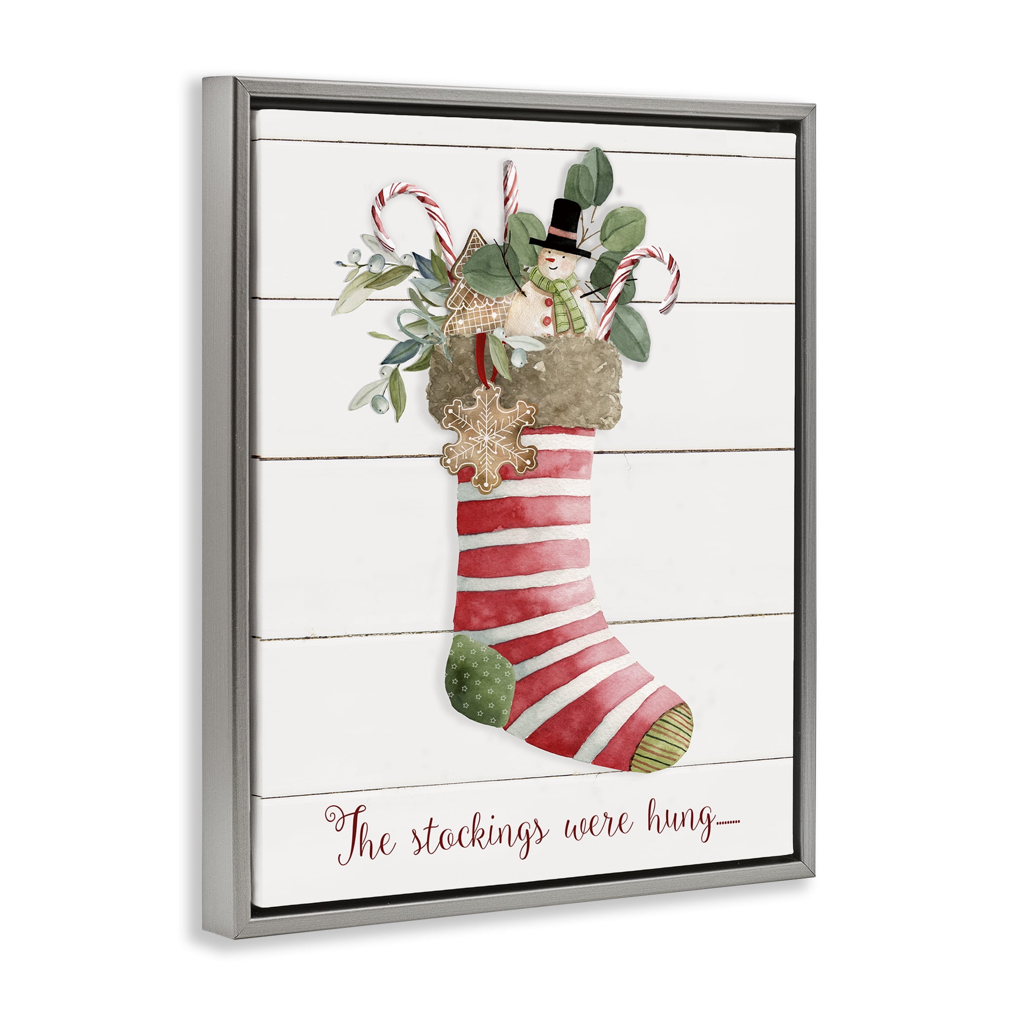 Stupell Industries Striped Christmas Stocking Holiday Painting Gray Floater Framed Canvas Art Prints Wall Art, 17 x 21