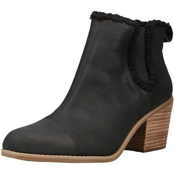 Toms Everly Black Leather/Faux Shearling Pull On Block Heel Fashion Boots (Black Leather/Faux Shearling, 5)