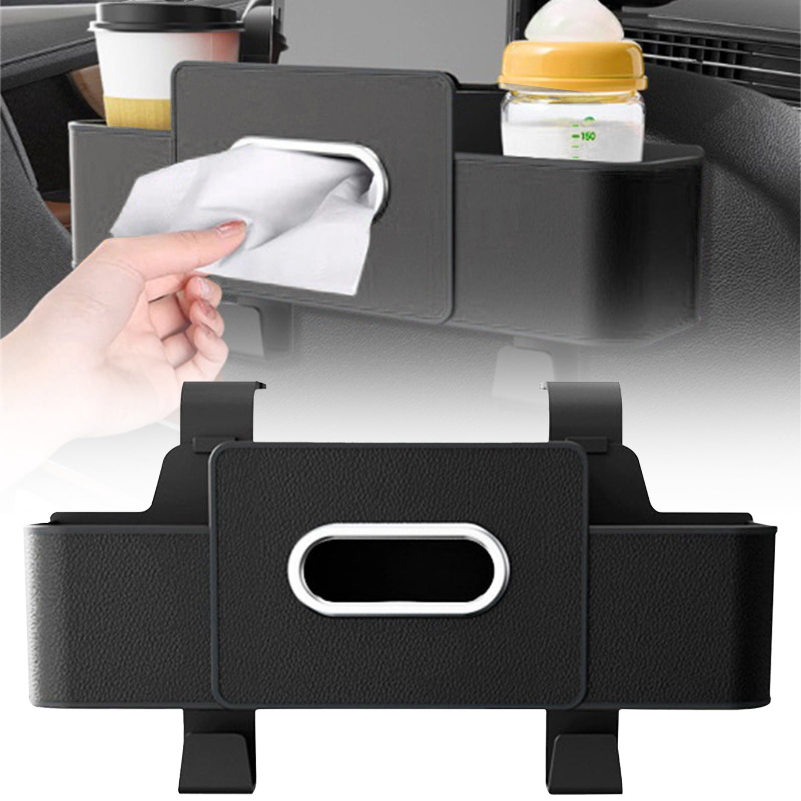 Car Rear Backseat Extra Multifunctional Drink Cup Holder Organizers with Tissue Paper Storage Box Organizer & Hooks for Car Seat Back - 1Pc, Durable Storage Box for Car Accessories(Black,11.8x3.9")