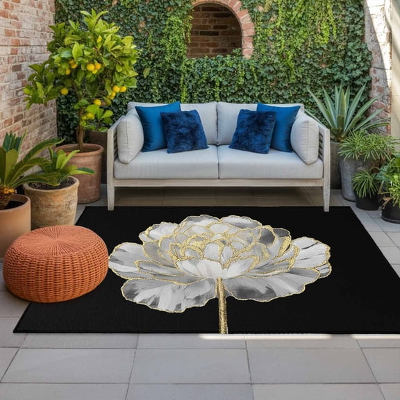 Outdoor Rug 3x5 ft White Black Flower Outdoor Large Area Rug Non Slip Rubber Abstract Floral Golden Front Door Mat RV Rug Camping Carpet Patio Outdoor Rugs for Backyard Balcony Deck Porch Indoor